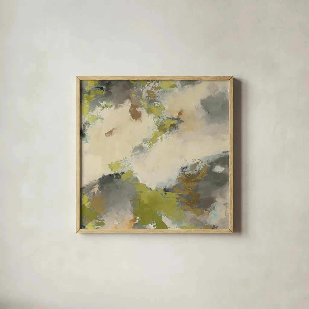 Linden Gray Matter III Square by Mike Schick. Shown in a natural wood glass frame for a timeless modern aesthetic. Available as an archival giclee rolled canvas, fine art paper, or poster print. SKU 34218a.