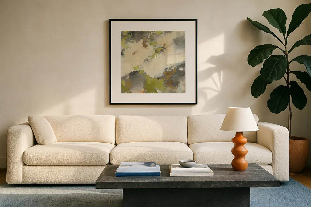 Linden Gray Matter III Square by Mike Schick. Displayed in a glass frame with matte in a clean modern living room. Available as an archival giclee rolled canvas, fine art paper, or poster print. SKU 34218a.
