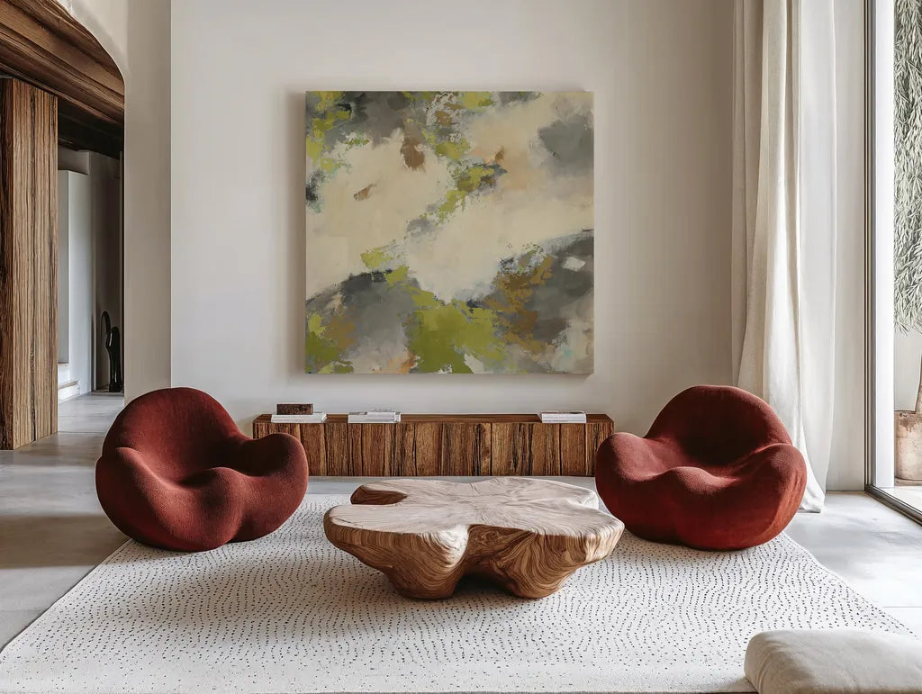 Linden Gray Matter III Square by Mike Schick. Shown as extra-large giant wall art in a modern living room. Available as an archival giclee rolled canvas, fine art paper, or poster print. SKU 34218a.