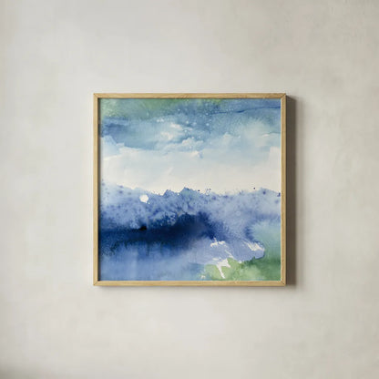 Midnight at the Lake II by Mike Schick. Shown in a natural wood glass frame for a timeless modern aesthetic. Available as an archival giclee rolled canvas, fine art paper, or poster print. SKU 15459a.