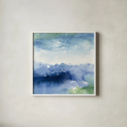 Midnight at the Lake II by Mike Schick. Shown in a crisp white glass frame for a clean and minimalist style. Available as an archival giclee rolled canvas, fine art paper, or poster print. SKU 15459a.