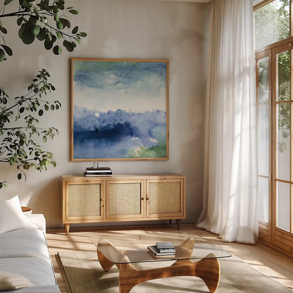 Midnight at the Lake II by Mike Schick. Shown in a natural wood frame in a cozy modern living room. Available as an archival giclee rolled canvas, fine art paper, or poster print. SKU 15459a.