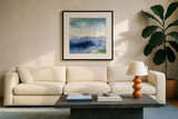 Midnight at the Lake II by Mike Schick. Displayed in a glass frame with matte in a clean modern living room. Available as an archival giclee rolled canvas, fine art paper, or poster print. SKU 15459a.