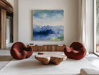 Midnight at the Lake II by Mike Schick. Shown as extra-large giant wall art in a modern living room. Available as an archival giclee rolled canvas, fine art paper, or poster print. SKU 15459a.