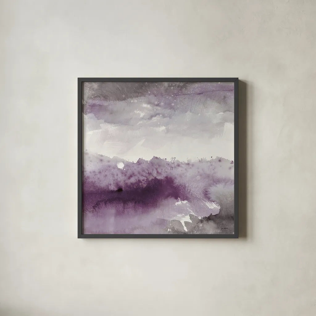 Midnight at the Lake II Amethyst and Grey by Mike Schick. Shown in a sleek black glass frame for a contemporary gallery look. Available as an archival giclee rolled canvas, fine art paper, or poster print. SKU 22140a.