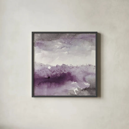 Midnight at the Lake II Amethyst and Grey by Mike Schick. Shown in a sleek black glass frame for a contemporary gallery look. Available as an archival giclee rolled canvas, fine art paper, or poster print. SKU 22140a.