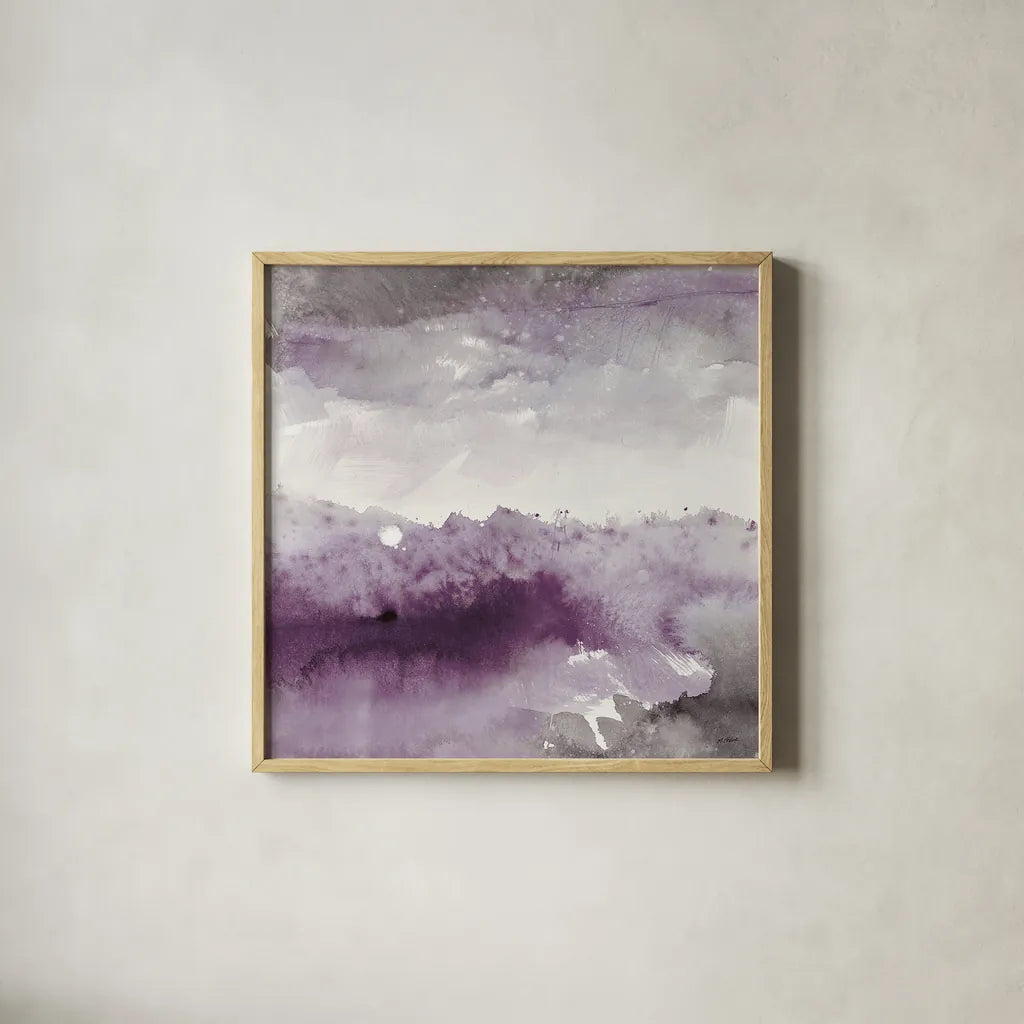 Midnight at the Lake II Amethyst and Grey by Mike Schick. Shown in a natural wood glass frame for a timeless modern aesthetic. Available as an archival giclee rolled canvas, fine art paper, or poster print. SKU 22140a.