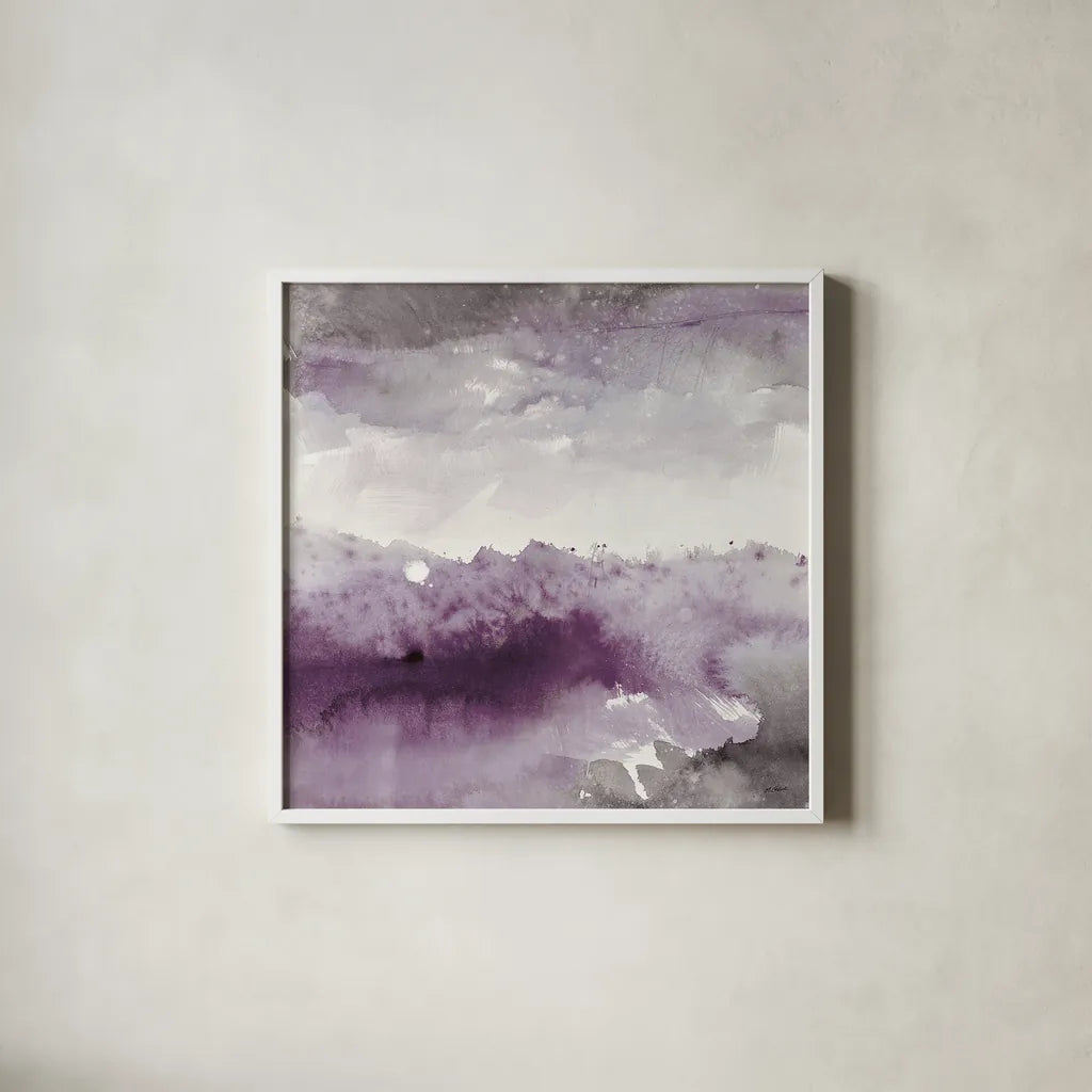 Midnight at the Lake II Amethyst and Grey by Mike Schick. Shown in a crisp white glass frame for a clean and minimalist style. Available as an archival giclee rolled canvas, fine art paper, or poster print. SKU 22140a.
