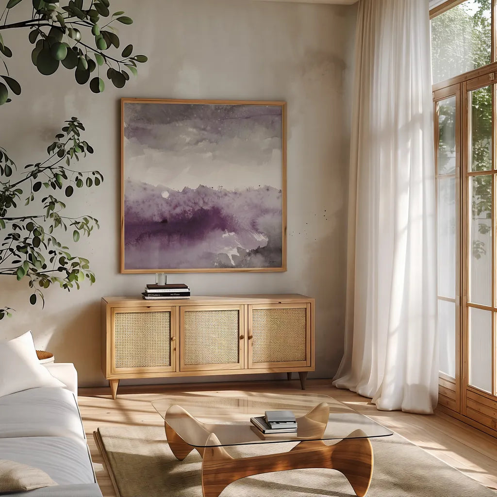 Midnight at the Lake II Amethyst and Grey by Mike Schick. Shown in a natural wood frame in a cozy modern living room. Available as an archival giclee rolled canvas, fine art paper, or poster print. SKU 22140a.