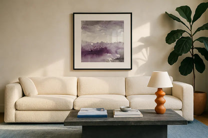 Midnight at the Lake II Amethyst and Grey by Mike Schick. Displayed in a glass frame with matte in a clean modern living room. Available as an archival giclee rolled canvas, fine art paper, or poster print. SKU 22140a.