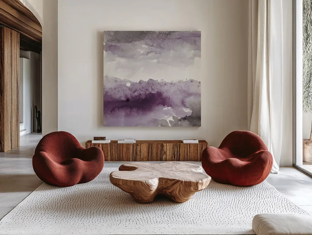 Midnight at the Lake II Amethyst and Grey by Mike Schick. Shown as extra-large giant wall art in a modern living room. Available as an archival giclee rolled canvas, fine art paper, or poster print. SKU 22140a.