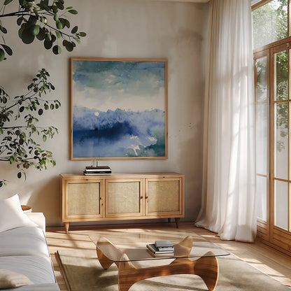 Midnight at the Lake II Cool by Mike Schick. Shown in a natural wood frame in a cozy modern living room. Available as an archival giclee rolled canvas, fine art paper, or poster print. SKU 49982a.