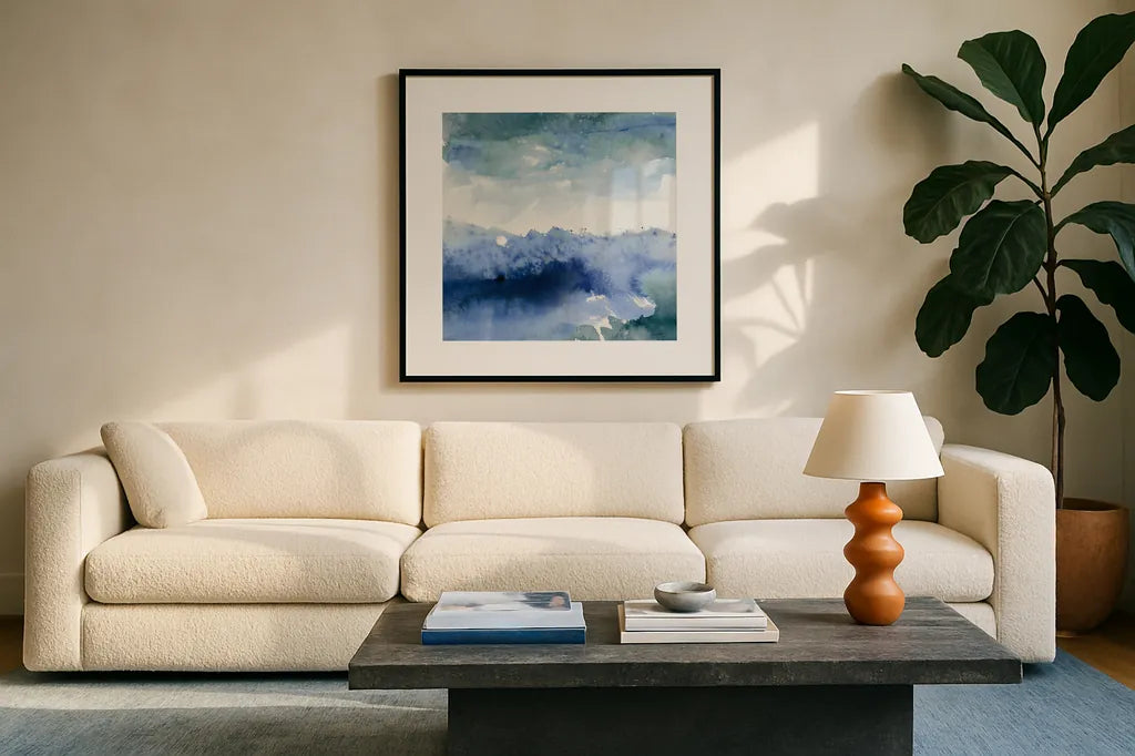 Midnight at the Lake II Cool by Mike Schick. Displayed in a glass frame with matte in a clean modern living room. Available as an archival giclee rolled canvas, fine art paper, or poster print. SKU 49982a.