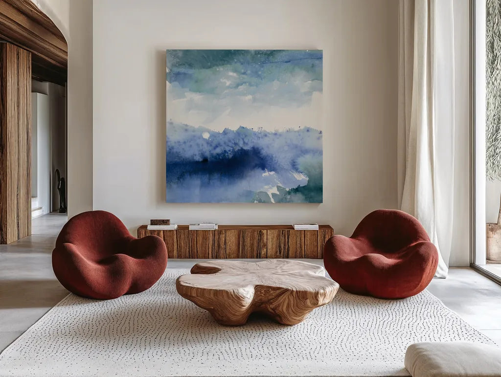 Midnight at the Lake II Cool by Mike Schick. Shown as extra-large giant wall art in a modern living room. Available as an archival giclee rolled canvas, fine art paper, or poster print. SKU 49982a.