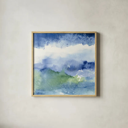 Midnight at the Lake III by Mike Schick. Shown in a natural wood glass frame for a timeless modern aesthetic. Available as an archival giclee rolled canvas, fine art paper, or poster print. SKU 20555a.