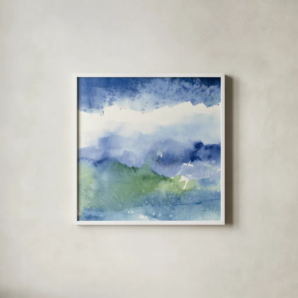 Midnight at the Lake III by Mike Schick. Shown in a crisp white glass frame for a clean and minimalist style. Available as an archival giclee rolled canvas, fine art paper, or poster print. SKU 20555a.