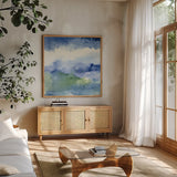 Midnight at the Lake III by Mike Schick. Shown in a natural wood frame in a cozy modern living room. Available as an archival giclee rolled canvas, fine art paper, or poster print. SKU 20555a.