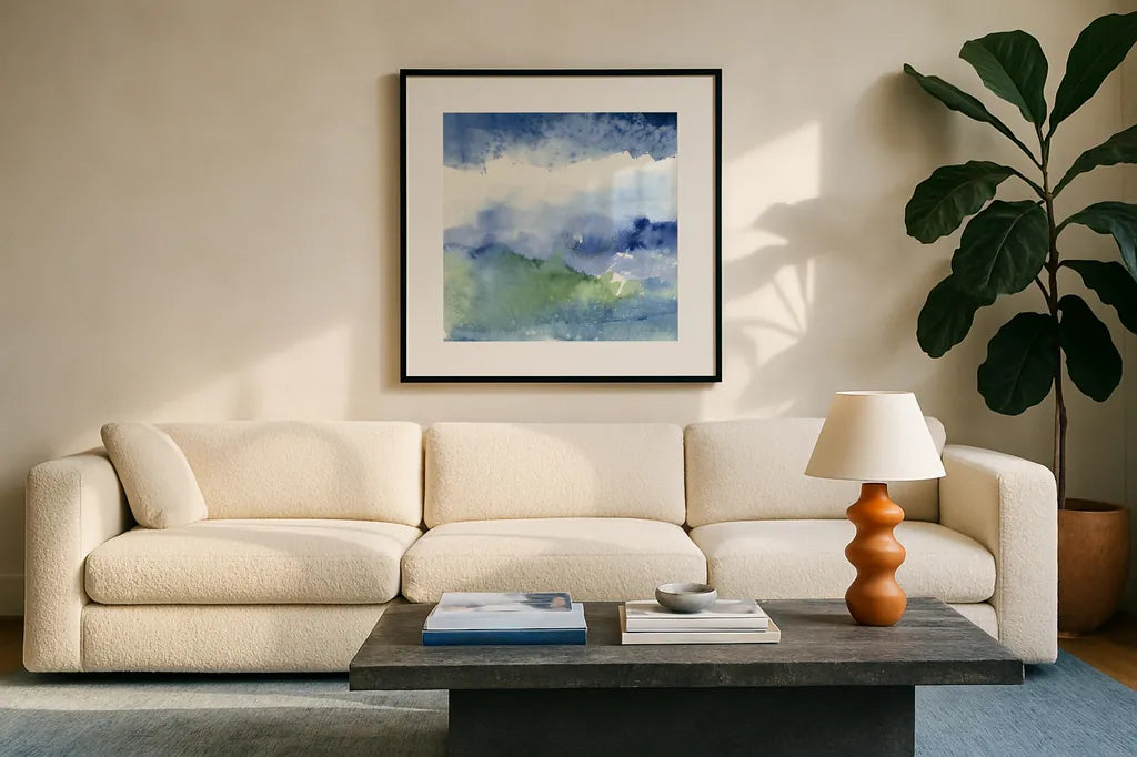 Midnight at the Lake III by Mike Schick. Displayed in a glass frame with matte in a clean modern living room. Available as an archival giclee rolled canvas, fine art paper, or poster print. SKU 20555a.