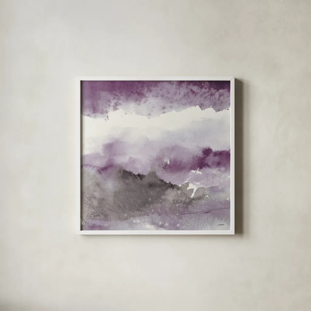 Midnight at the Lake III Amethyst and Grey by Mike Schick. Shown in a crisp white glass frame for a clean and minimalist style. Available as an archival giclee rolled canvas, fine art paper, or poster print. SKU 22141a.