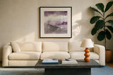 Midnight at the Lake III Amethyst and Grey by Mike Schick. Displayed in a glass frame with matte in a clean modern living room. Available as an archival giclee rolled canvas, fine art paper, or poster print. SKU 22141a.