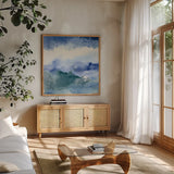 Midnight at the Lake III Cool by Mike Schick. Shown in a natural wood frame in a cozy modern living room. Available as an archival giclee rolled canvas, fine art paper, or poster print. SKU 49983a.