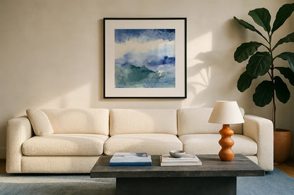 Midnight at the Lake III Cool by Mike Schick. Displayed in a glass frame with matte in a clean modern living room. Available as an archival giclee rolled canvas, fine art paper, or poster print. SKU 49983a.