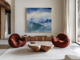 Midnight at the Lake III Cool by Mike Schick. Shown as extra-large giant wall art in a modern living room. Available as an archival giclee rolled canvas, fine art paper, or poster print. SKU 49983a.