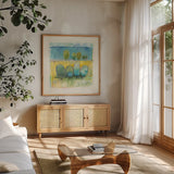 Morning Grove by Mike Schick. Shown in a natural wood frame in a cozy modern living room. Available as an archival giclee rolled canvas, fine art paper, or poster print. SKU 48424a.