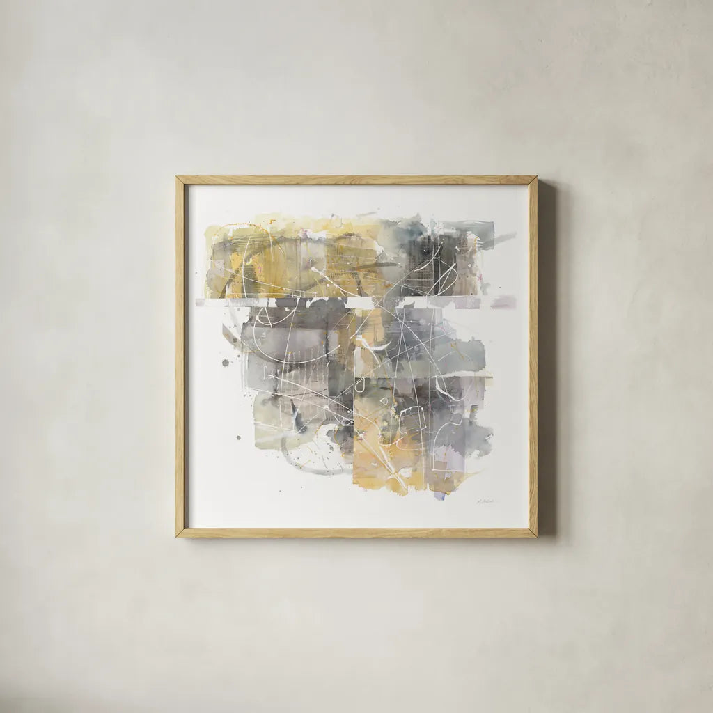 Moving In and Out of Traffic II by Mike Schick. Shown in a natural wood glass frame for a timeless modern aesthetic. Available as an archival giclee rolled canvas, fine art paper, or poster print. SKU 31577a.