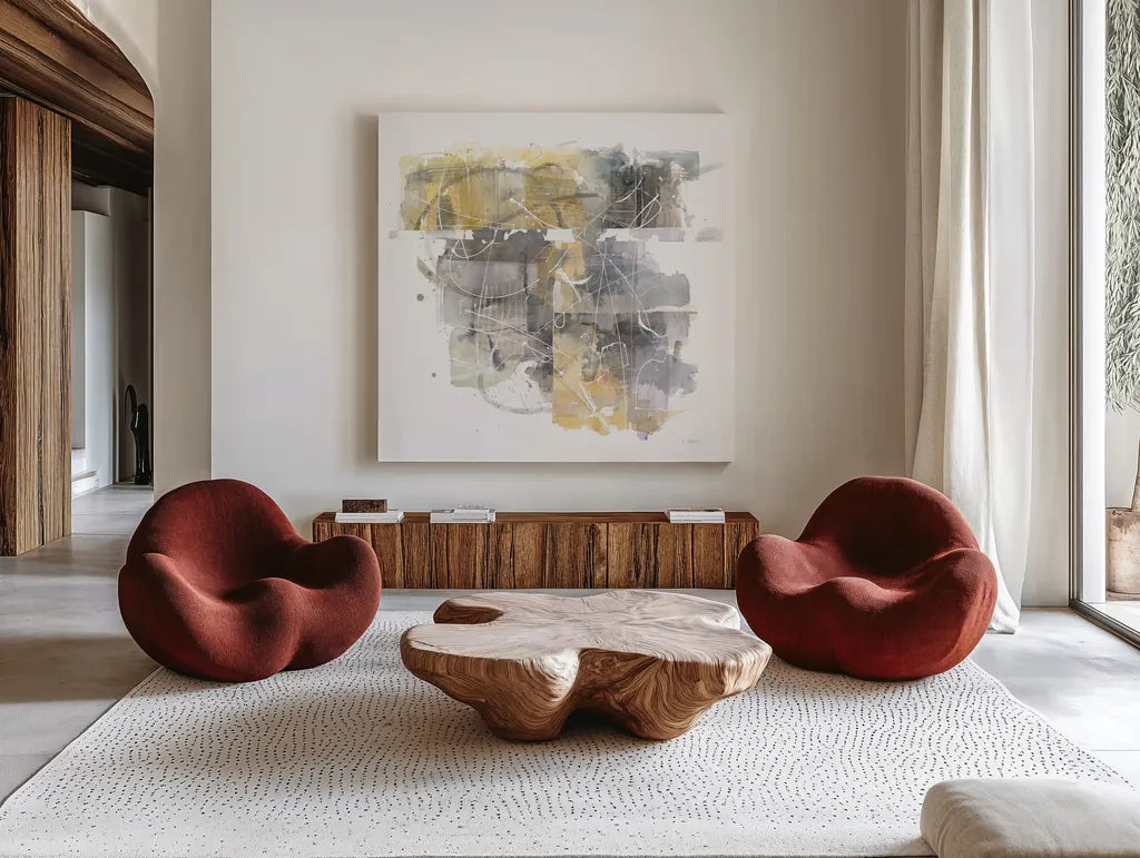 Moving In and Out of Traffic II by Mike Schick. Shown as extra-large giant wall art in a modern living room. Available as an archival giclee rolled canvas, fine art paper, or poster print. SKU 31577a.