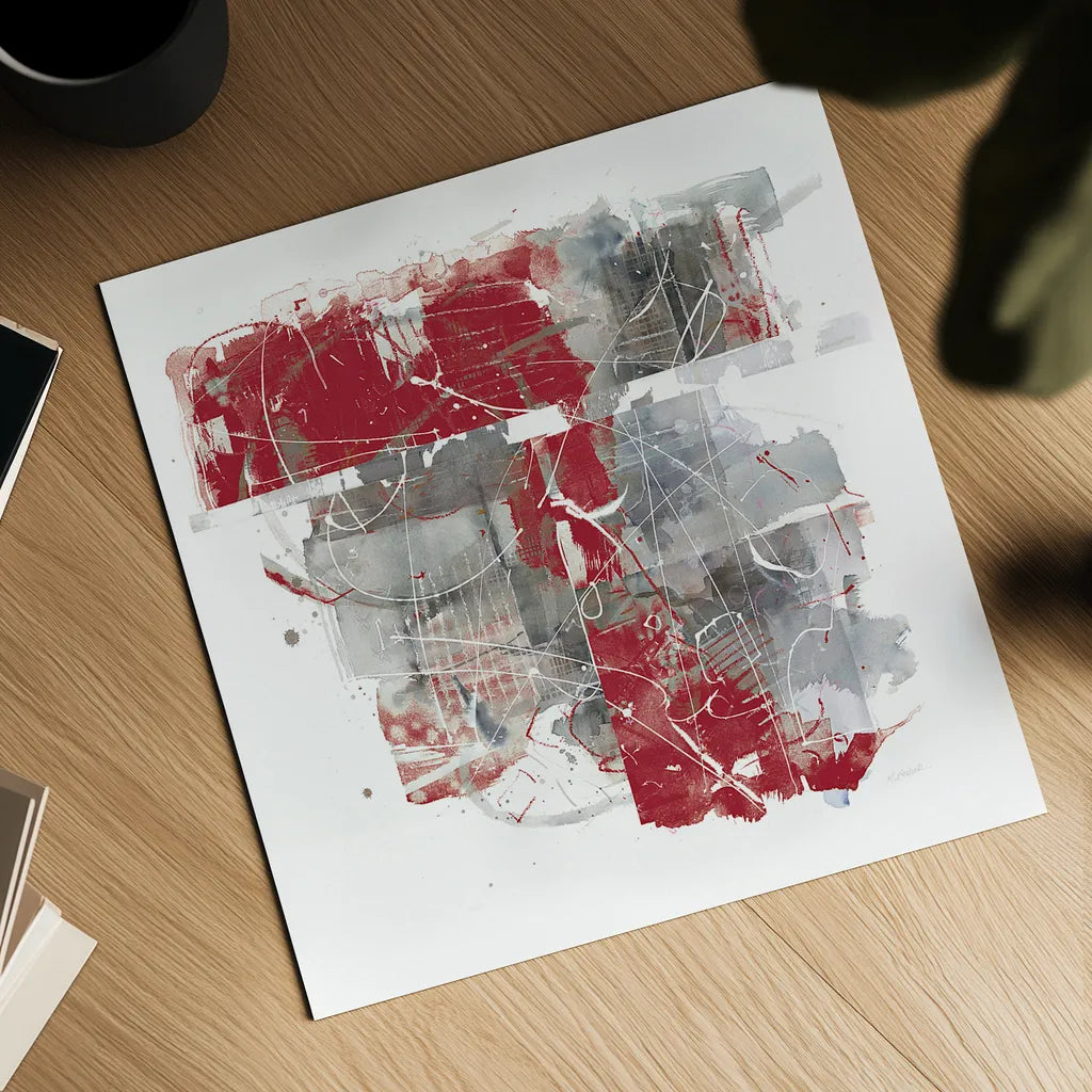 Moving In and Out of Traffic II Red Grey by Mike Schick. Shown as a detailed flat fine art print, highlighting archival giclee quality. Available as an archival giclee rolled canvas, fine art paper, or poster print. SKU 33762a.