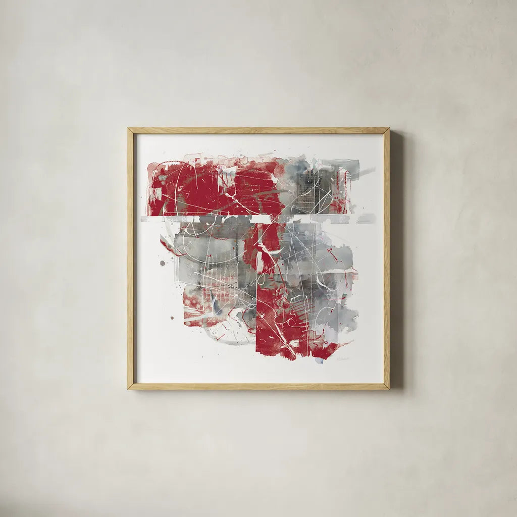 Moving In and Out of Traffic II Red Grey by Mike Schick. Shown in a natural wood glass frame for a timeless modern aesthetic. Available as an archival giclee rolled canvas, fine art paper, or poster print. SKU 33762a.
