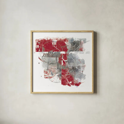 Moving In and Out of Traffic II Red Grey by Mike Schick. Shown in a natural wood glass frame for a timeless modern aesthetic. Available as an archival giclee rolled canvas, fine art paper, or poster print. SKU 33762a.