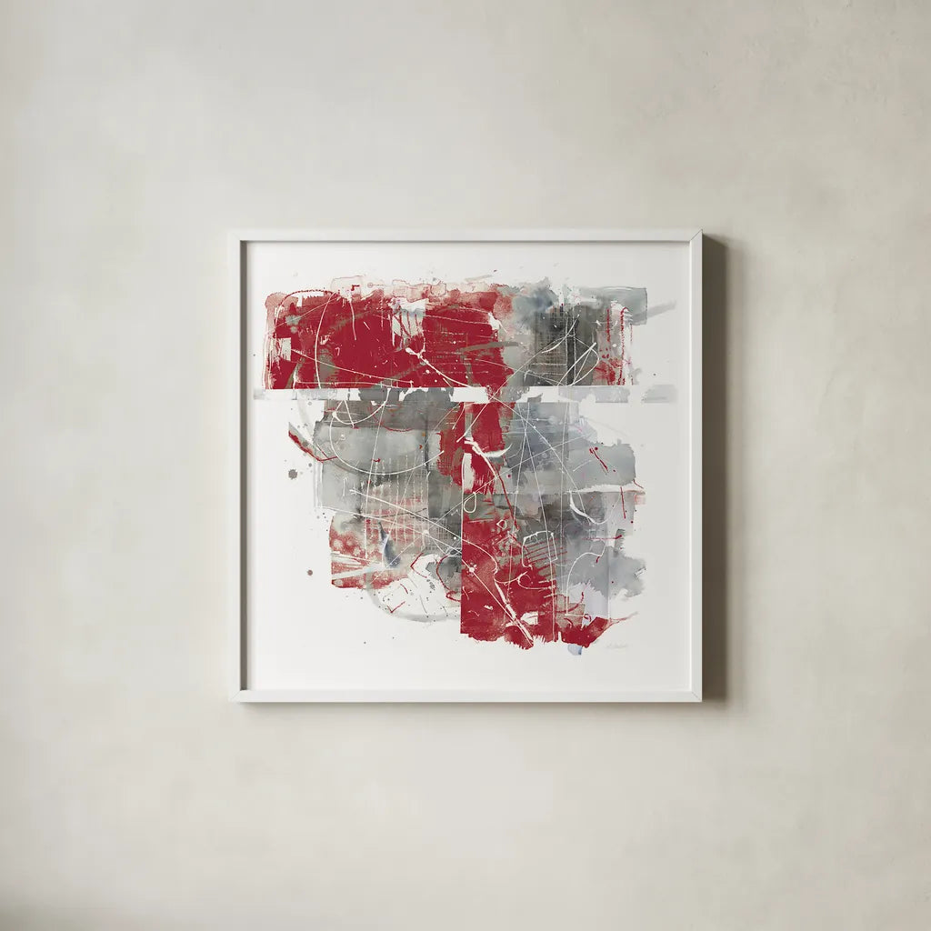Moving In and Out of Traffic II Red Grey by Mike Schick. Shown in a crisp white glass frame for a clean and minimalist style. Available as an archival giclee rolled canvas, fine art paper, or poster print. SKU 33762a.