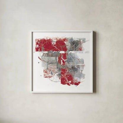 Moving In and Out of Traffic II Red Grey by Mike Schick. Shown in a crisp white glass frame for a clean and minimalist style. Available as an archival giclee rolled canvas, fine art paper, or poster print. SKU 33762a.