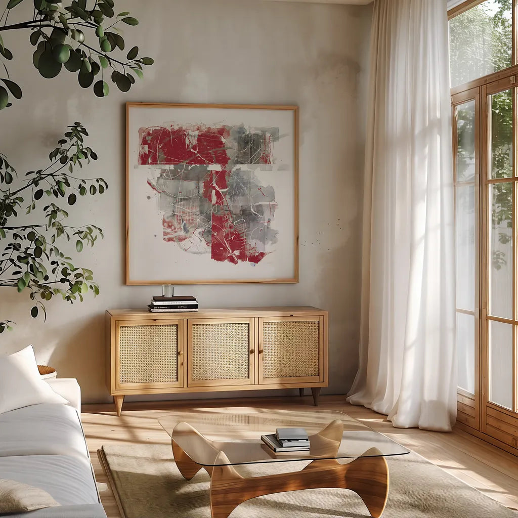 Moving In and Out of Traffic II Red Grey by Mike Schick. Shown in a natural wood frame in a cozy modern living room. Available as an archival giclee rolled canvas, fine art paper, or poster print. SKU 33762a.