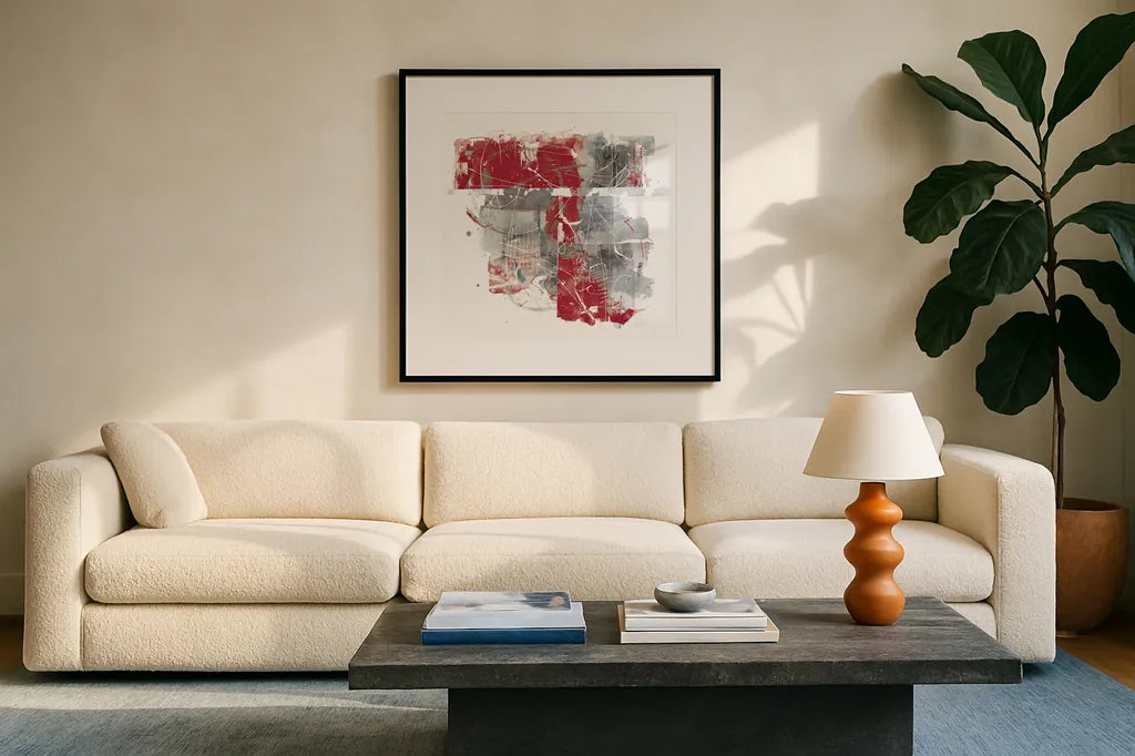 Moving In and Out of Traffic II Red Grey by Mike Schick. Displayed in a glass frame with matte in a clean modern living room. Available as an archival giclee rolled canvas, fine art paper, or poster print. SKU 33762a.