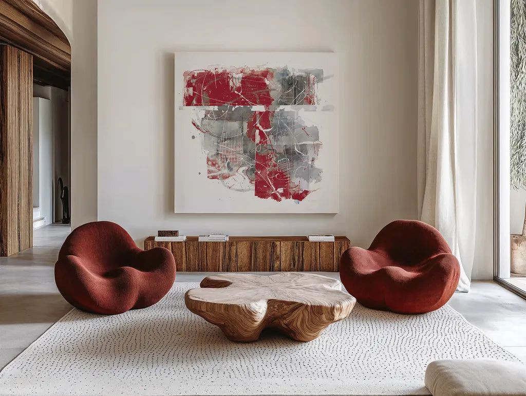 Moving In and Out of Traffic II Red Grey by Mike Schick. Shown as extra-large giant wall art in a modern living room. Available as an archival giclee rolled canvas, fine art paper, or poster print. SKU 33762a.