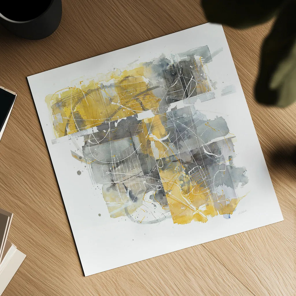 Moving In and Out of Traffic II Yellow Grey by Mike Schick. Shown as a detailed flat fine art print, highlighting archival giclee quality. Available as an archival giclee rolled canvas, fine art paper, or poster print. SKU 33896a.