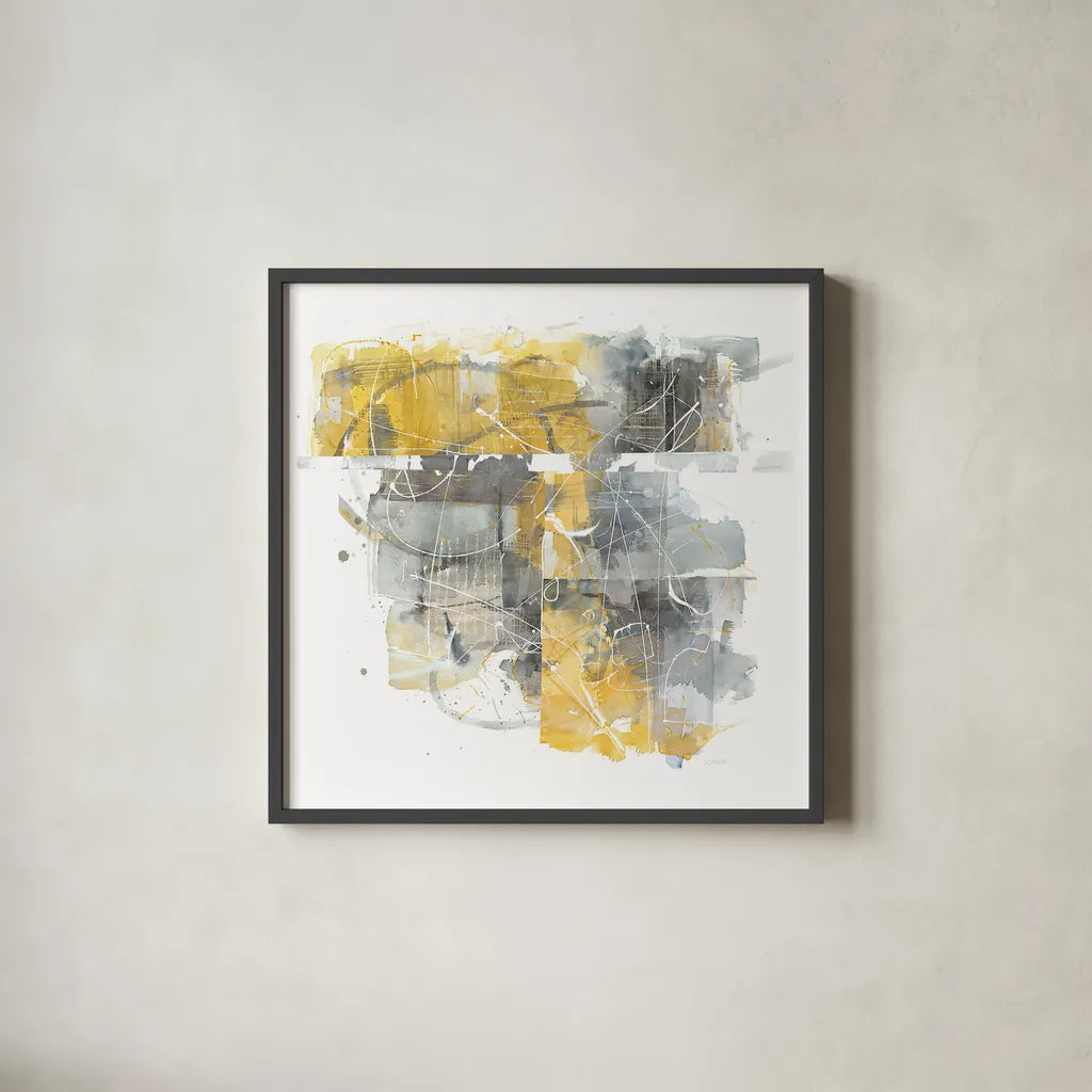 Moving In and Out of Traffic II Yellow Grey by Mike Schick. Shown in a sleek black glass frame for a contemporary gallery look. Available as an archival giclee rolled canvas, fine art paper, or poster print. SKU 33896a.