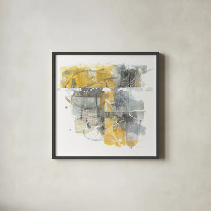 Moving In and Out of Traffic II Yellow Grey by Mike Schick. Shown in a sleek black glass frame for a contemporary gallery look. Available as an archival giclee rolled canvas, fine art paper, or poster print. SKU 33896a.