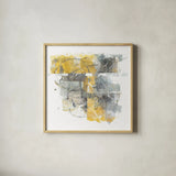 Moving In and Out of Traffic II Yellow Grey by Mike Schick. Shown in a natural wood glass frame for a timeless modern aesthetic. Available as an archival giclee rolled canvas, fine art paper, or poster print. SKU 33896a.