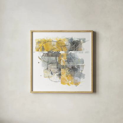 Moving In and Out of Traffic II Yellow Grey by Mike Schick. Shown in a natural wood glass frame for a timeless modern aesthetic. Available as an archival giclee rolled canvas, fine art paper, or poster print. SKU 33896a.