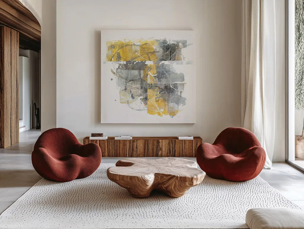 Moving In and Out of Traffic II Yellow Grey by Mike Schick. Shown as extra-large giant wall art in a modern living room. Available as an archival giclee rolled canvas, fine art paper, or poster print. SKU 33896a.
