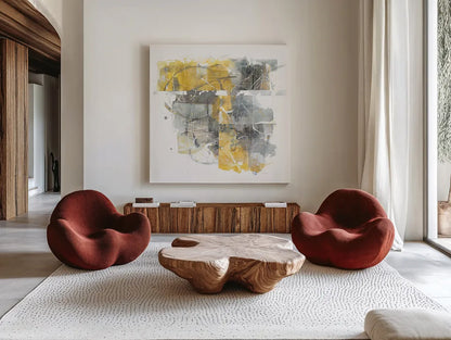 Moving In and Out of Traffic II Yellow Grey by Mike Schick. Shown as extra-large giant wall art in a modern living room. Available as an archival giclee rolled canvas, fine art paper, or poster print. SKU 33896a.