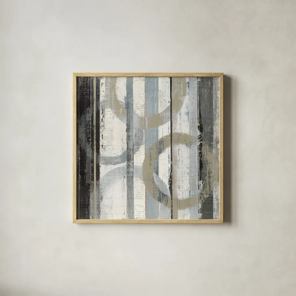 Neutral Zephyr II by Mike Schick. Shown in a natural wood glass frame for a timeless modern aesthetic. Available as an archival giclee rolled canvas, fine art paper, or poster print. SKU 30076a.