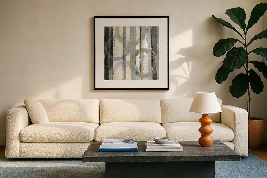 Neutral Zephyr II by Mike Schick. Displayed in a glass frame with matte in a clean modern living room. Available as an archival giclee rolled canvas, fine art paper, or poster print. SKU 30076a.