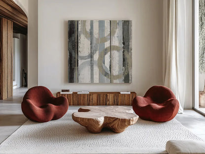 Neutral Zephyr II by Mike Schick. Shown as extra-large giant wall art in a modern living room. Available as an archival giclee rolled canvas, fine art paper, or poster print. SKU 30076a.