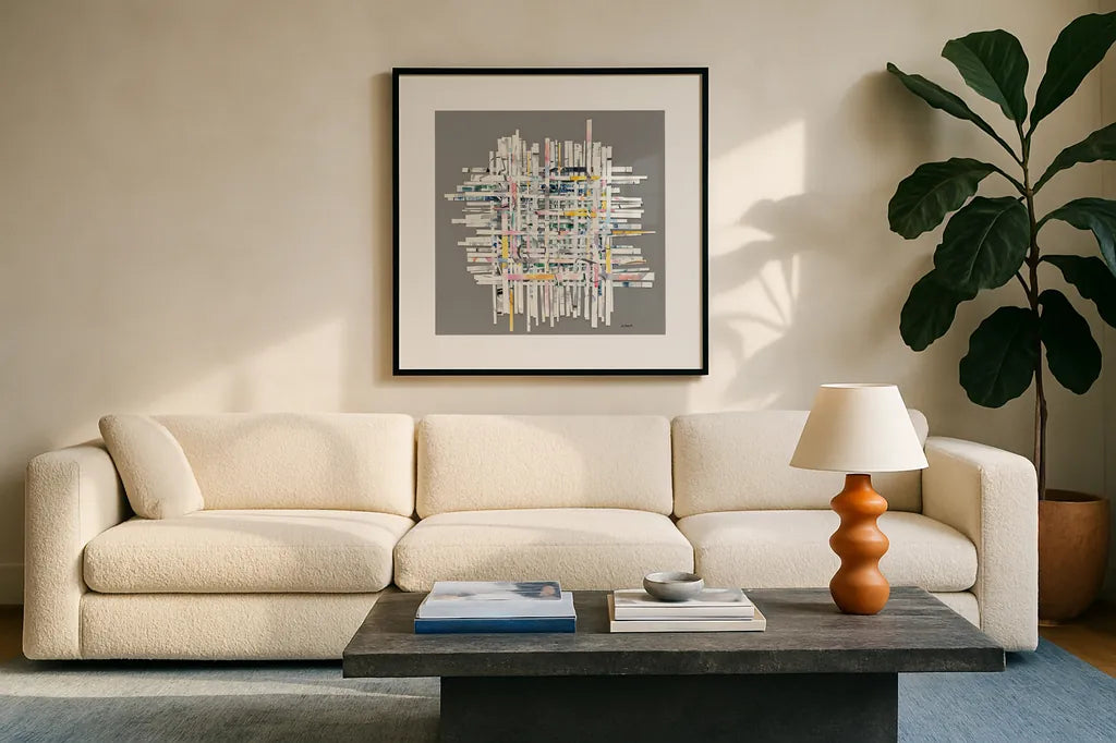 New Morning on Gray by Mike Schick. Displayed in a glass frame with matte in a clean modern living room. Available as an archival giclee rolled canvas, fine art paper, or poster print. SKU 30387a.