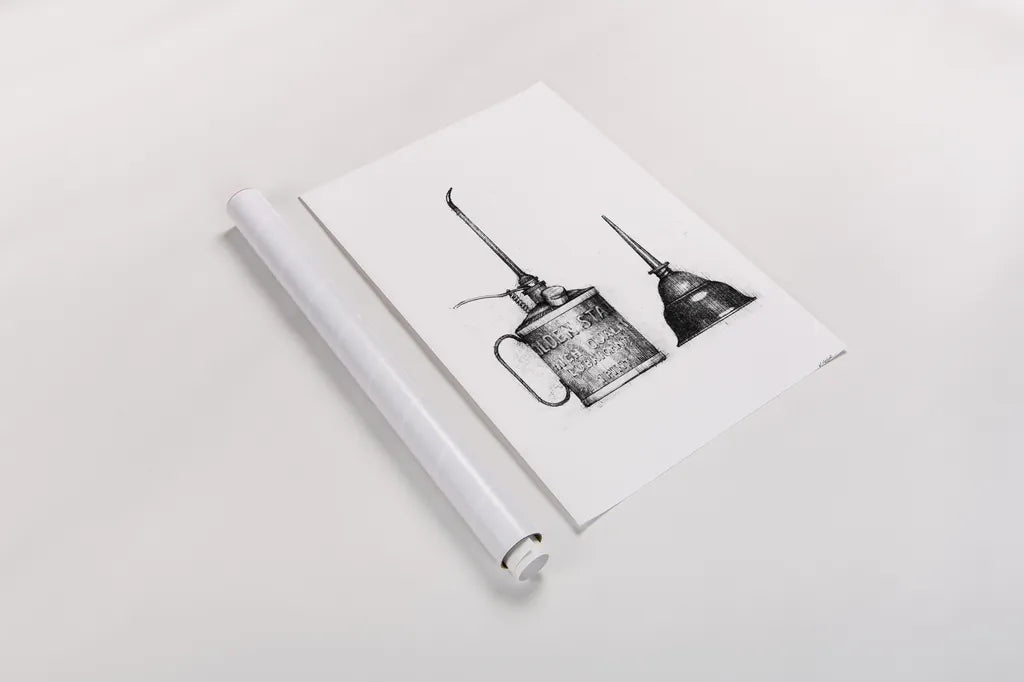 Oil Cans by Mike Schick. shown as a rolled paper print. Available as archival giclee rolled canvas, fine art paper, or poster print. SKU 58752h.